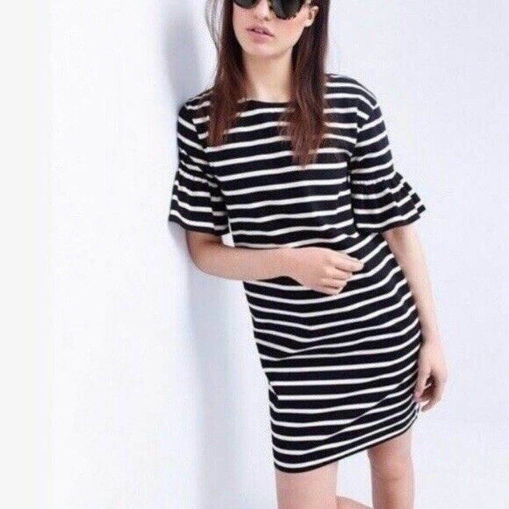 J Crew NWT Ruffled Bell Sleeve Shift Striped Dress
